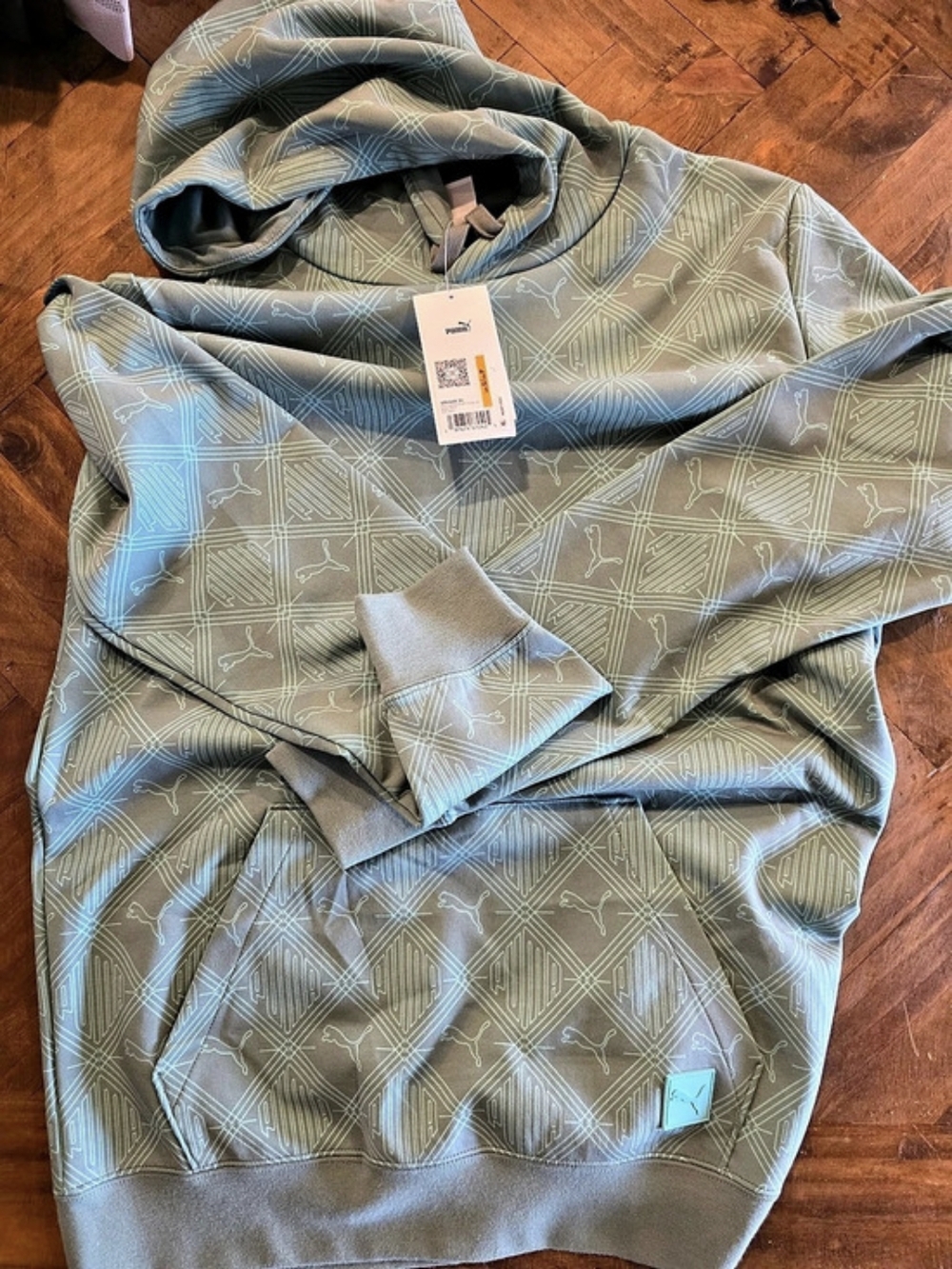 Puma ESS Logomania AOP Hoodie Grey Aqua Medium
